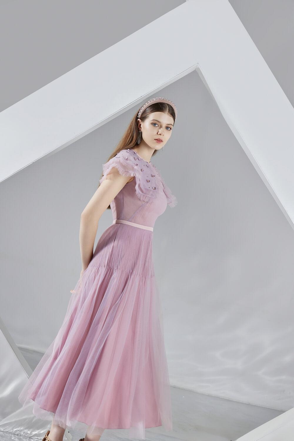 pink organza midi dress Short Sleeve Organza Midi Dress