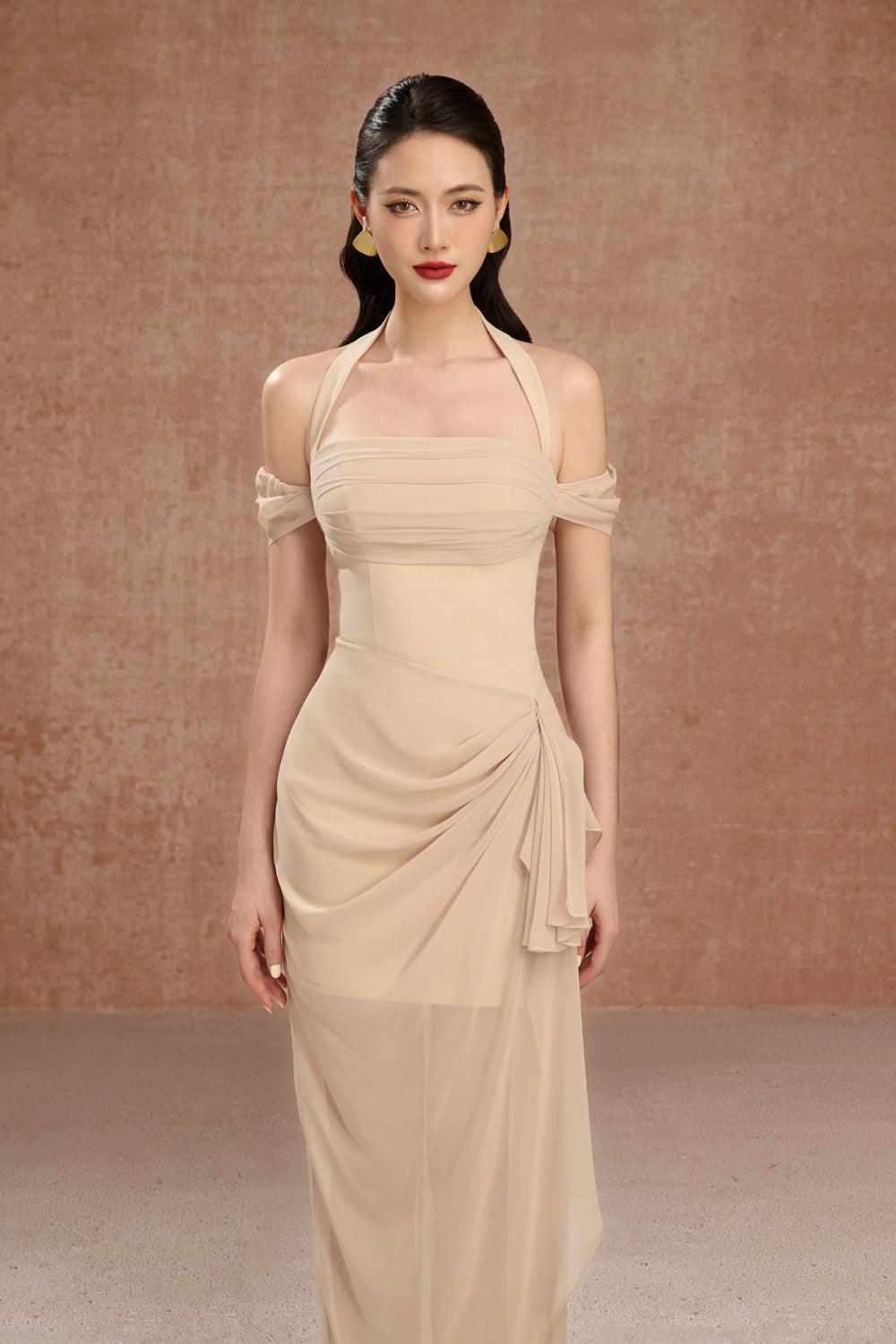 Women's June Halter Cold Shoulder Sleeved Twill Ankle Length Dress  XS/S/M/L/XL Black/Beige MEAN BLVD
