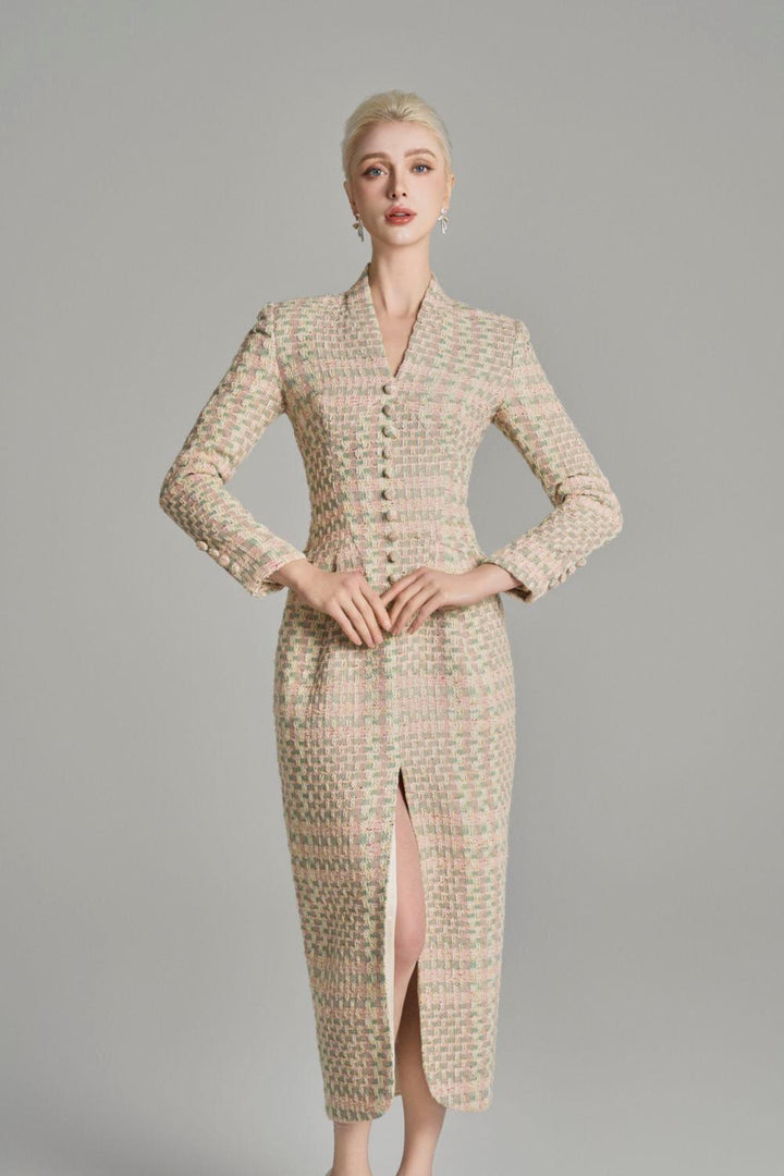 Kairi Pegged Front Slit Tweed Midi Dress - MEAN BLVD