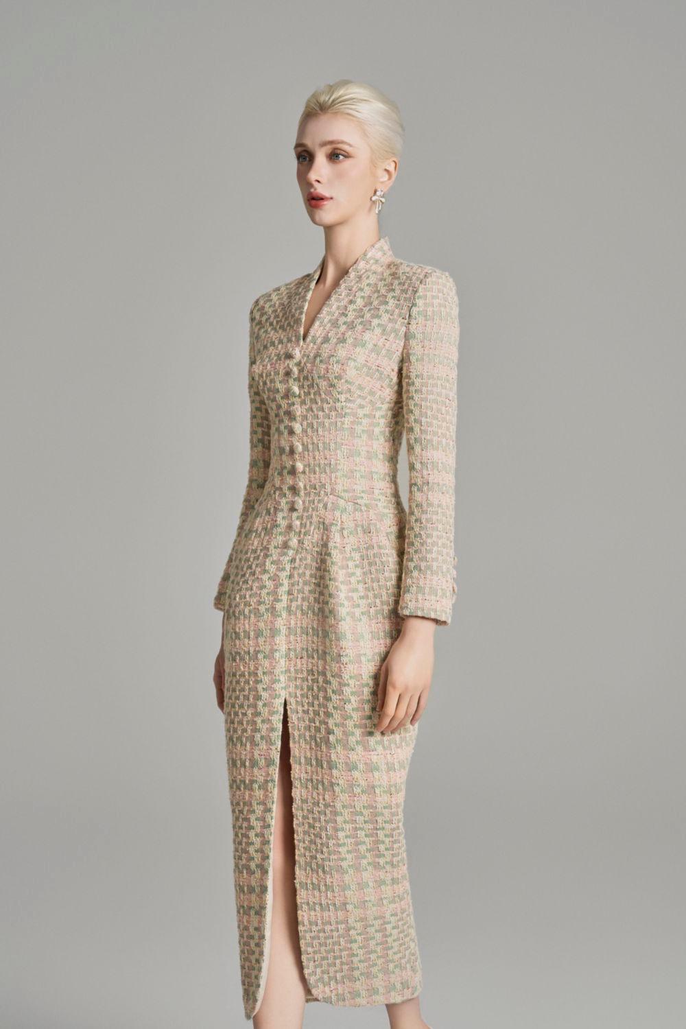 Kairi Pegged Front Slit Tweed Midi Dress - MEAN BLVD