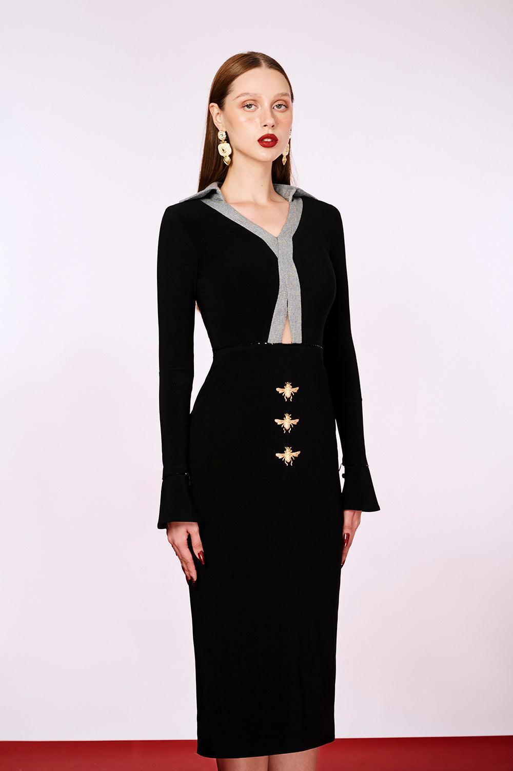 Women's Kairos Pencil Long Sleeved Cotton Denim Midi Dress XS/S/M/L/XL Black/Grey Mean Blvd Women's Kairos Pencil Long Sleeved Cotton Denim Midi Dress XS/S/M/L/XL Black/Grey Mean Blvd