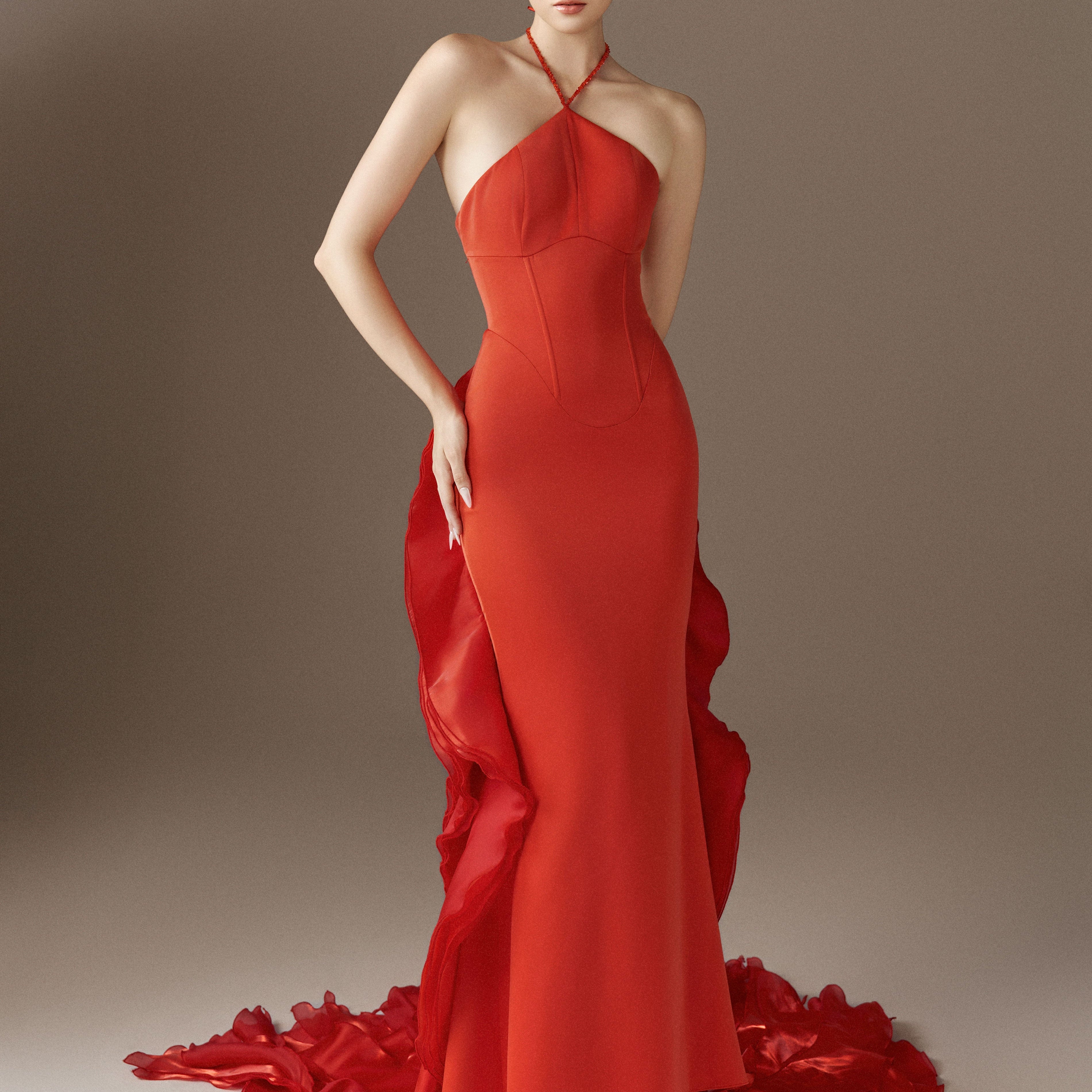 Phoenixia Halter Corset Gown With Cascading Flames