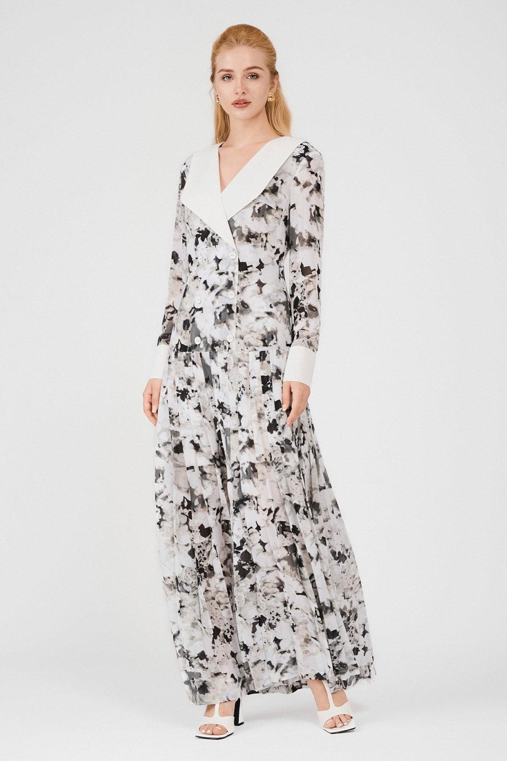 Women's Kallie Drop Waist Pleated Chiffon Maxi Dress XS/S/M/L/Customize Black and White Marble Mean Blvd Customize / Black and White / Marble Women's Kallie Drop Waist Pleated Chiffon Maxi Dress XS/S/M/L/Customize Black and White Marble Mean Blvd Customize / Black and White / Marble