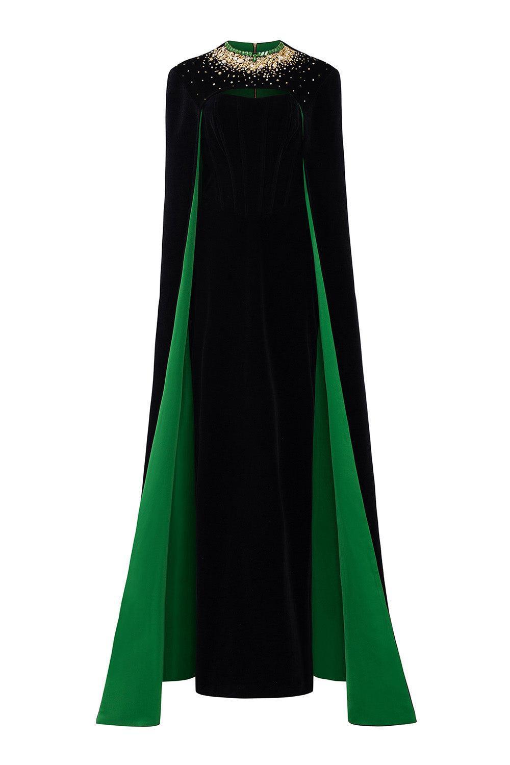Kallie Sheath Cape Sleeved Velvet Floor Length Dress - MEAN BLVD
