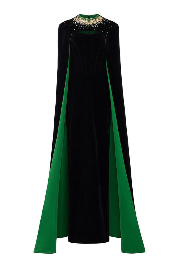 Kallie Sheath Cape Sleeved Velvet Floor Length Dress - MEAN BLVD