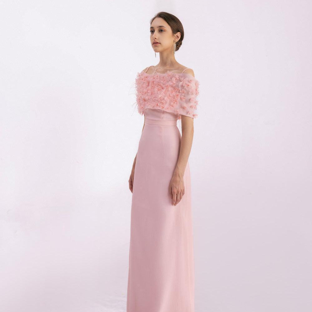 Kamila A-line Flower Applique Mesh Taffeta Floor Length Dress - MEAN BLVD