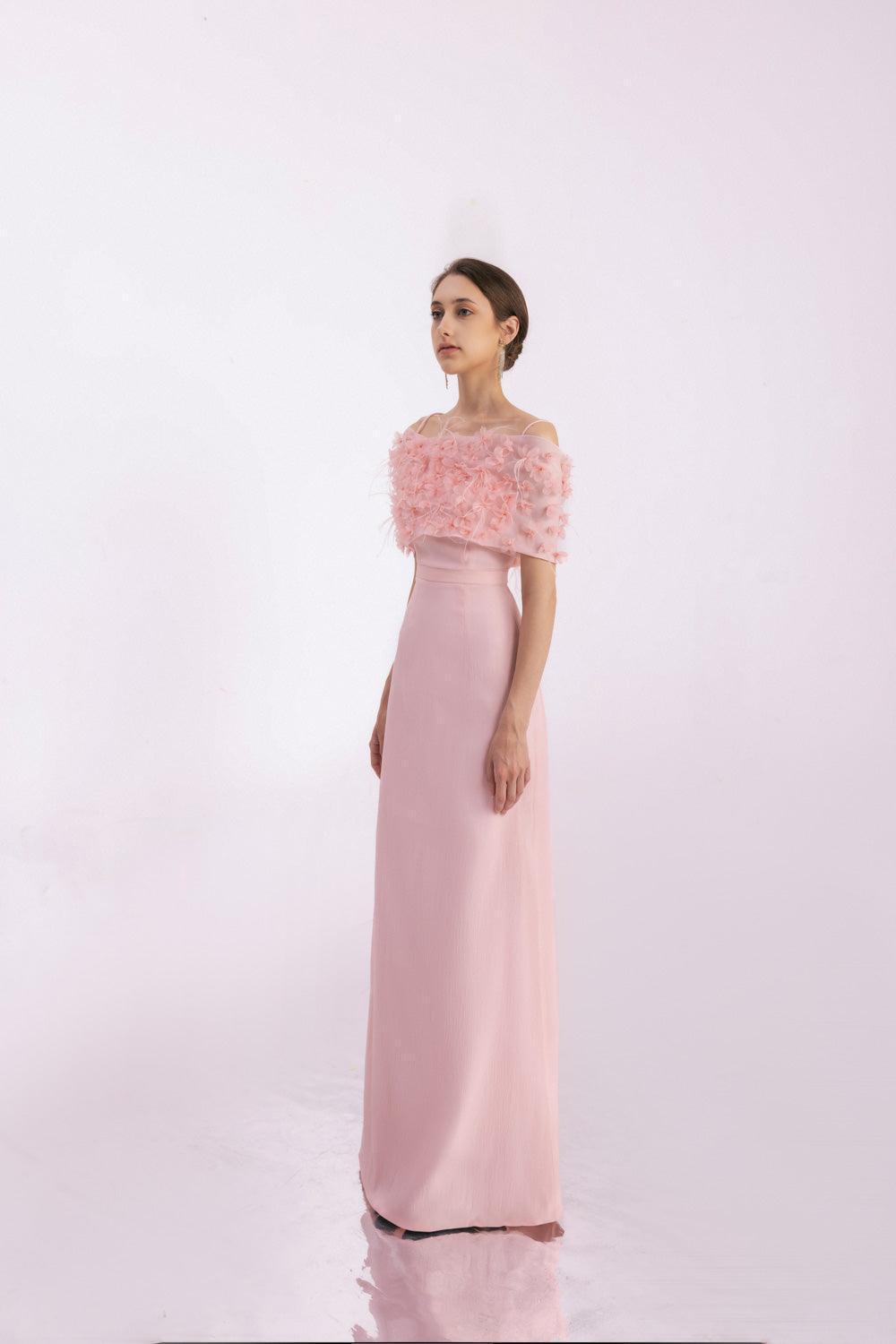 Kamila A-line Flower Applique Mesh Taffeta Floor Length Dress - MEAN BLVD