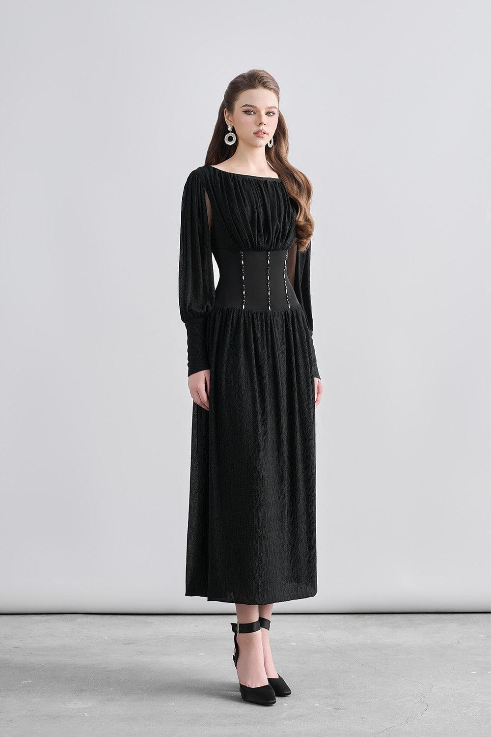 Women's Kara Gathered Corset Waist Mesh Sheer Midi Dress S/M/L/Customize Black/Light Brown Mean Blvd Black / S