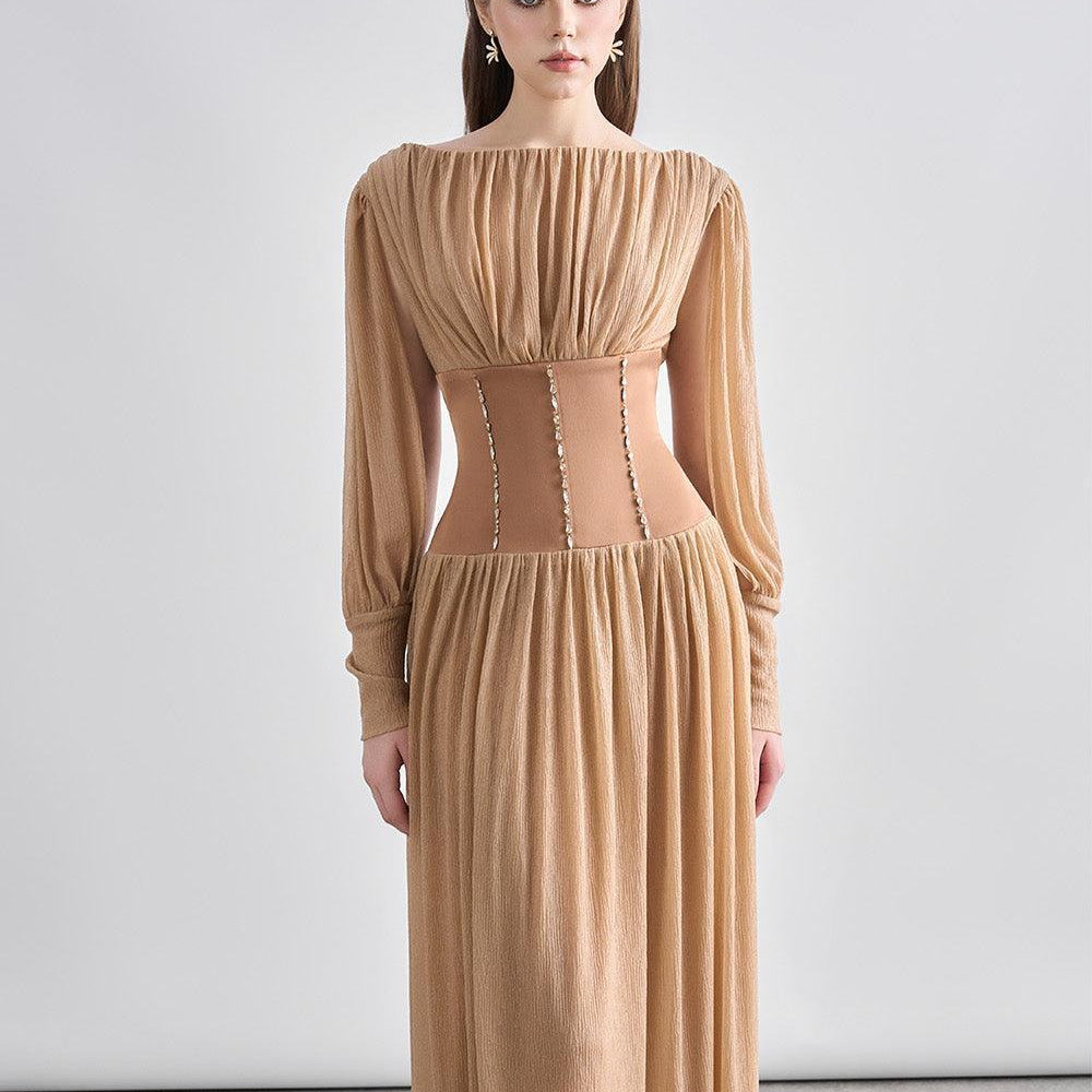 Kara Gathered Corset Waist Mesh Sheer Midi Dress - MEAN BLVD