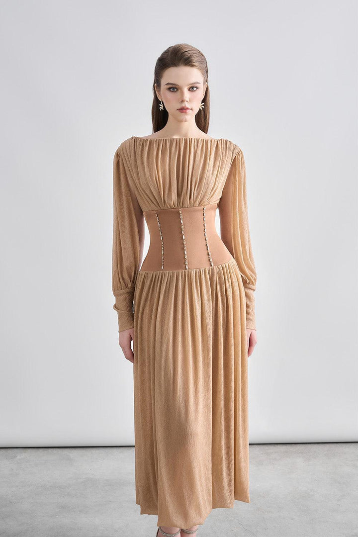 Kara Gathered Corset Waist Mesh Sheer Midi Dress - MEAN BLVD