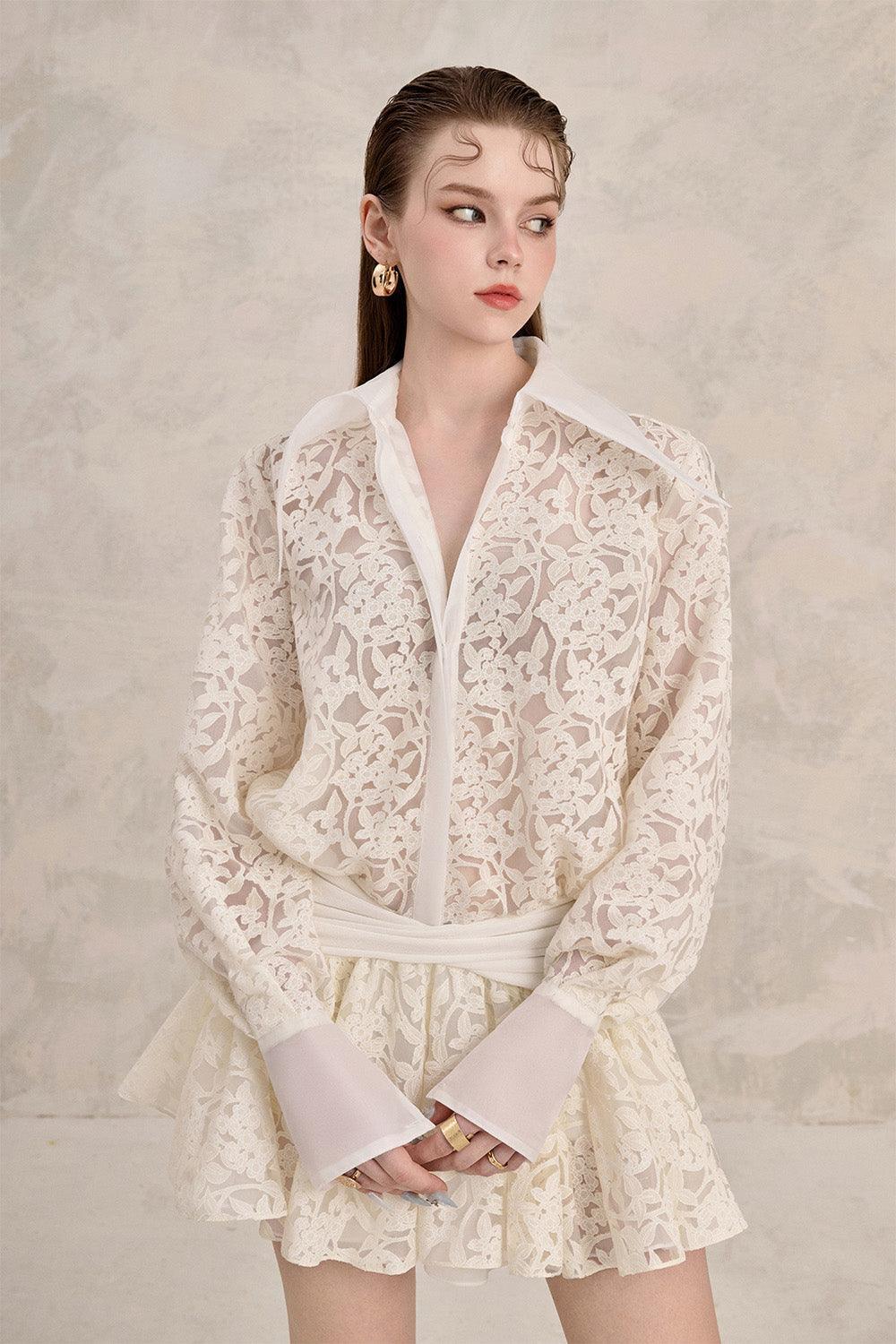 blouson lace dress Women's Karina Blouson Cuff Sleeved Lace Mini Dress XS/XS/S/M/L/XL/Customize Ivory Floral MEAN BLVD Customize / Ivory / Floral
