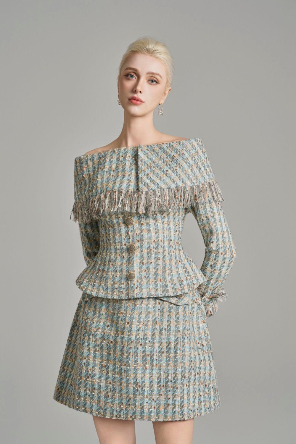 Kassidy Peplum Off-Shoulder Tweed Top - MEAN BLVD