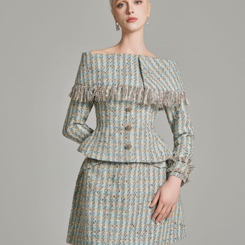 Kassidy Peplum Off-Shoulder Tweed Top - MEAN BLVD