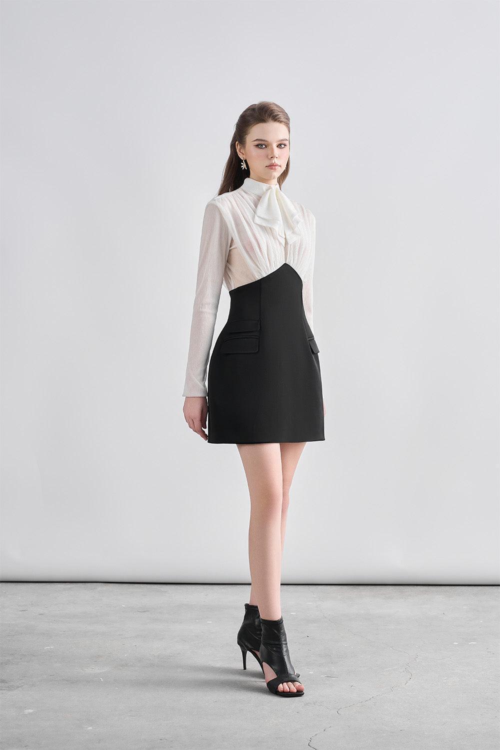 chanel mini dress Women's Katherine A-line Bow Tie Chanel Mini Dress S/M/L/Customize Black  and White MEAN BLVD