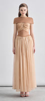 Kathryn Fit and Flare Cape Shoulder Chanel Maxi Dress - MEAN BLVD