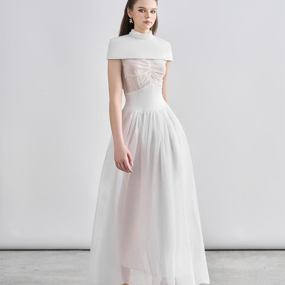 Kathryn Fit and Flare Cape Shoulder Chanel Maxi Dress - MEAN BLVD