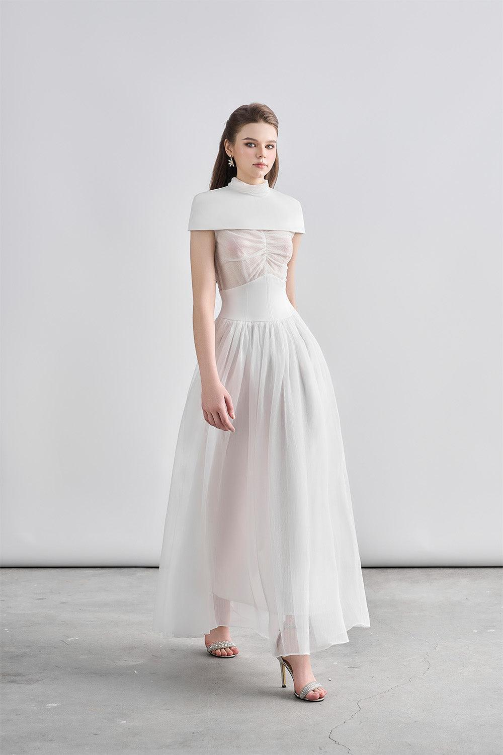 Women's Kathryn Fit and Flare Cape Shoulder Chanel Maxi Dress S/M/L/Customize White/Light Brown MEAN BLVD White / L Women's Kathryn Fit and Flare Cape Shoulder Chanel Maxi Dress S/M/L/Customize White/Light Brown MEAN BLVD White / L