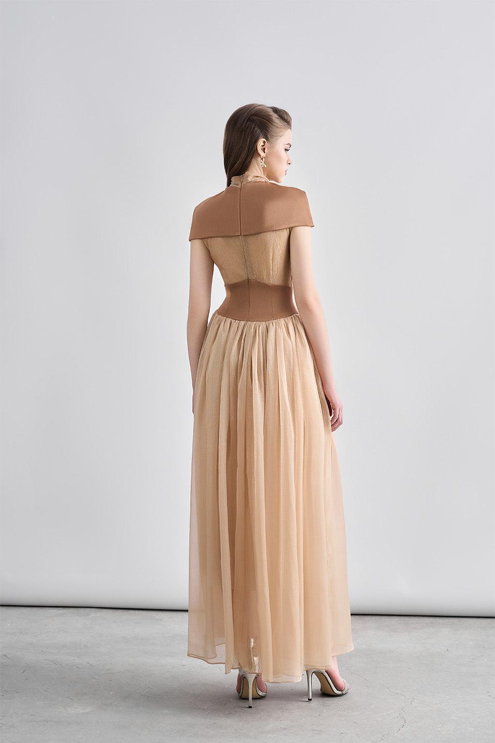 Women's Kathryn Fit and Flare Cape Shoulder Chanel Maxi Dress S/M/L/Customize White/Light Brown Mean Blvd Light Brown / L