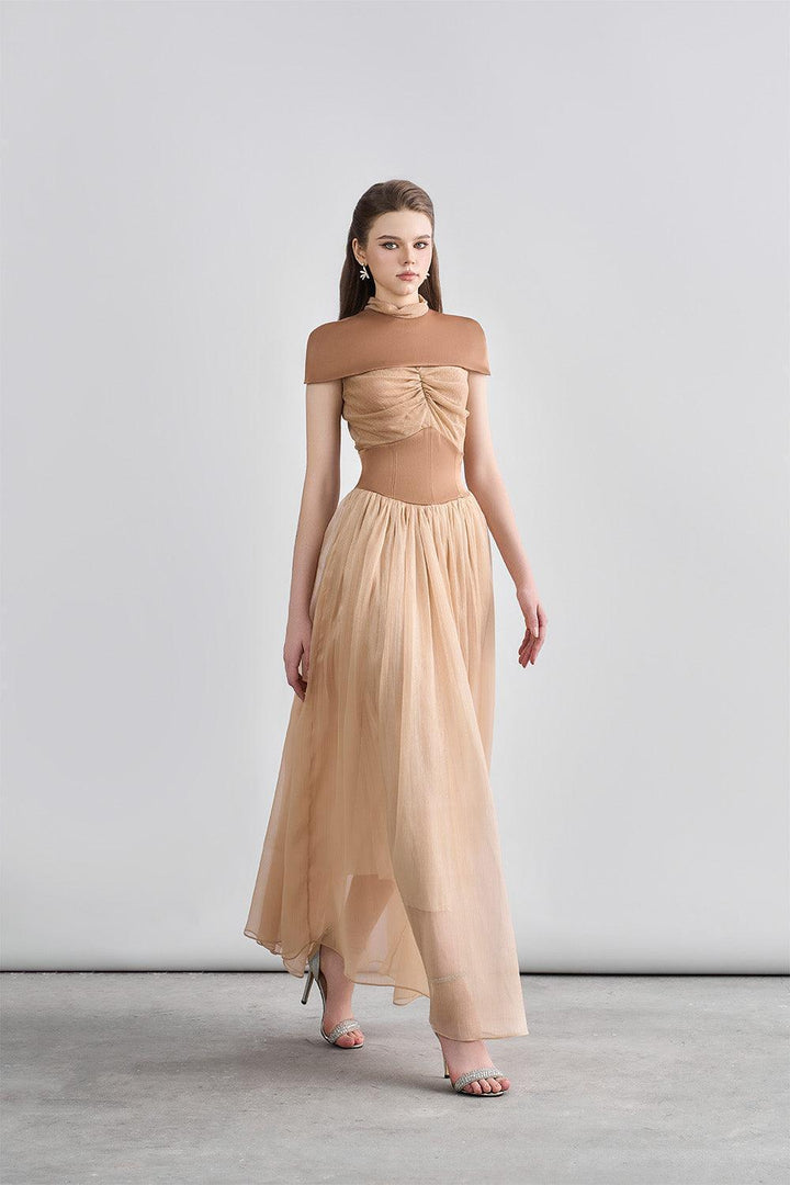 Kathryn Fit and Flare Cape Shoulder Chanel Maxi Dress - MEAN BLVD