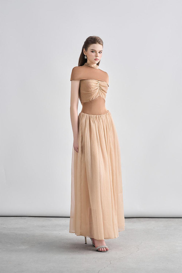 Kathryn Fit and Flare Cape Shoulder Chanel Maxi Dress - MEAN BLVD