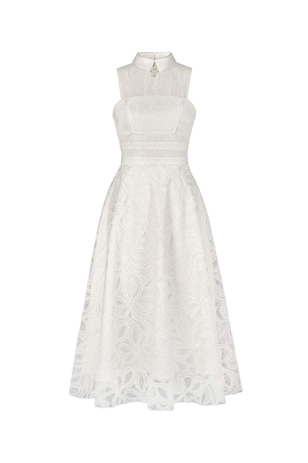 Katia A-line Folded Collar Lace Weave Midi Dress - MEAN BLVD