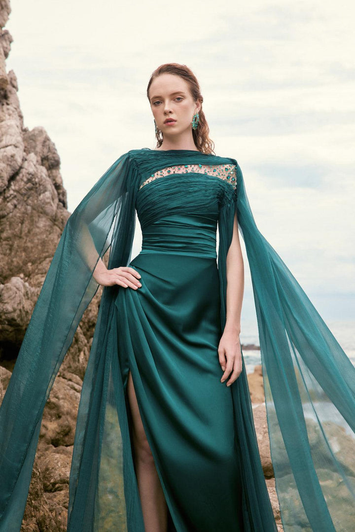 Kaytlyn Slit Cape Sleeved Silk Satin Floor Length Dress - MEAN BLVD