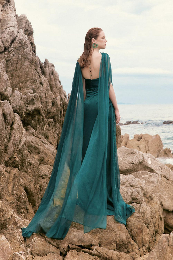 Kaytlyn Slit Cape Sleeved Silk Satin Floor Length Dress - MEAN BLVD
