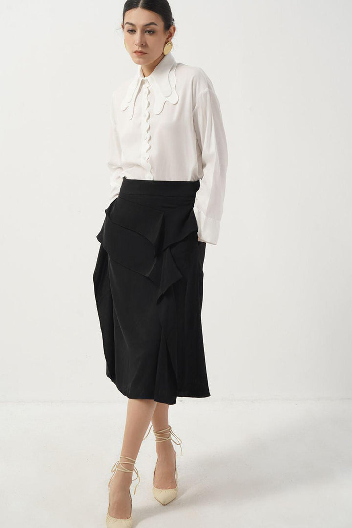 Kehlani A-line Ruffled Silk Calf Length Skirt - MEAN BLVD