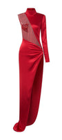 Kehlani Slit Asymmetric Sleeved Mesh Silk Floor Length Dress - MEAN BLVD