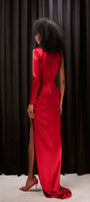 Kehlani Slit Asymmetric Sleeved Mesh Silk Floor Length Dress - MEAN BLVD