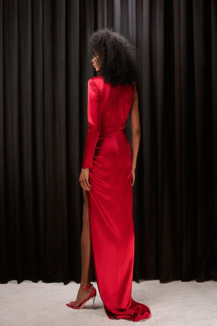 Kehlani Slit Asymmetric Sleeved Mesh Silk Floor Length Dress - MEAN BLVD