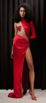 Kehlani Slit Asymmetric Sleeved Mesh Silk Floor Length Dress - MEAN BLVD
