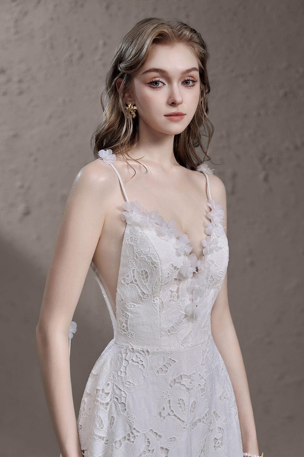 Kendall A-line Plunge Neck Lace Floor Length Dress White / Customize