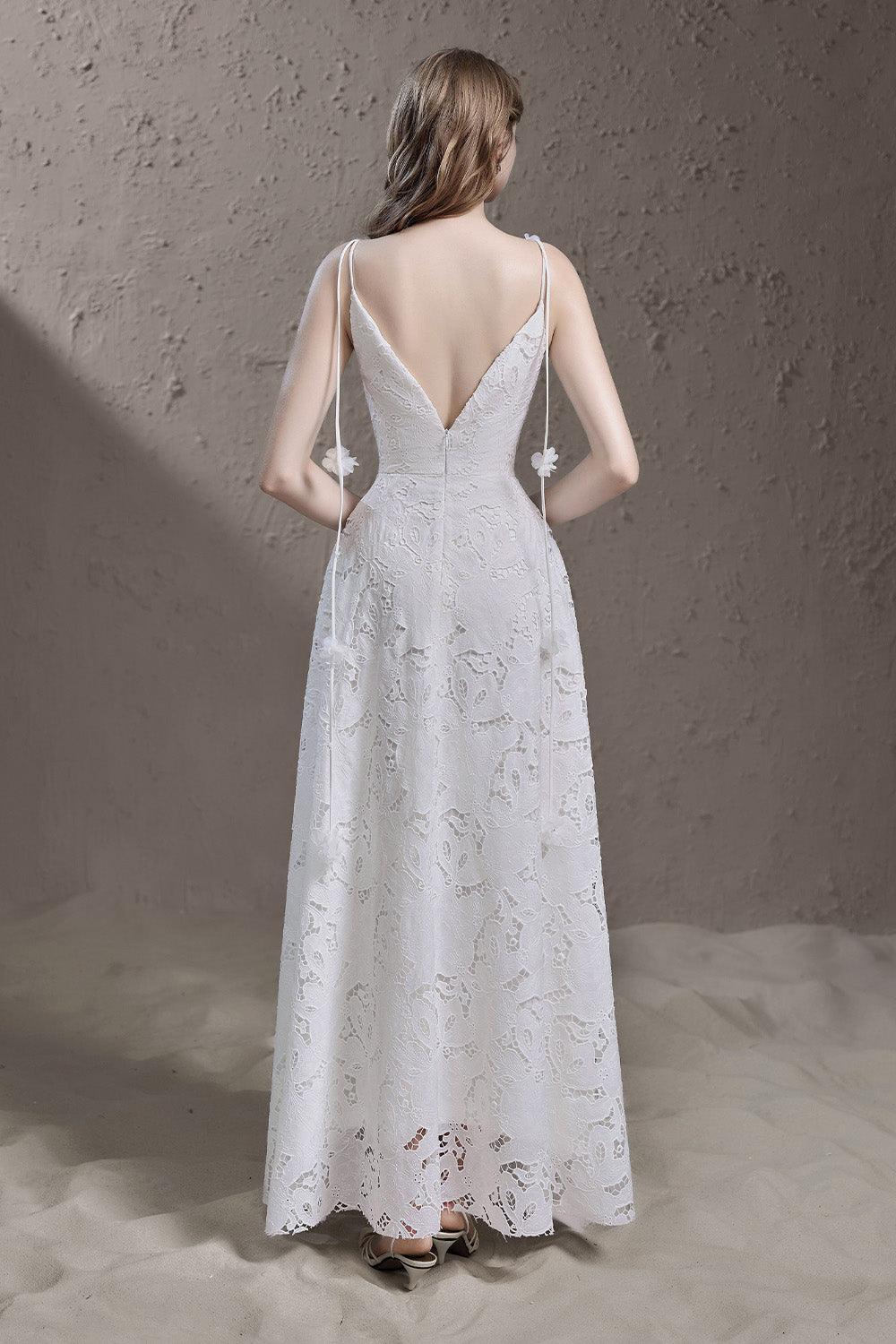 Women's Kendall A-line Plunge Neck Lace Floor Length Dress S/M/L