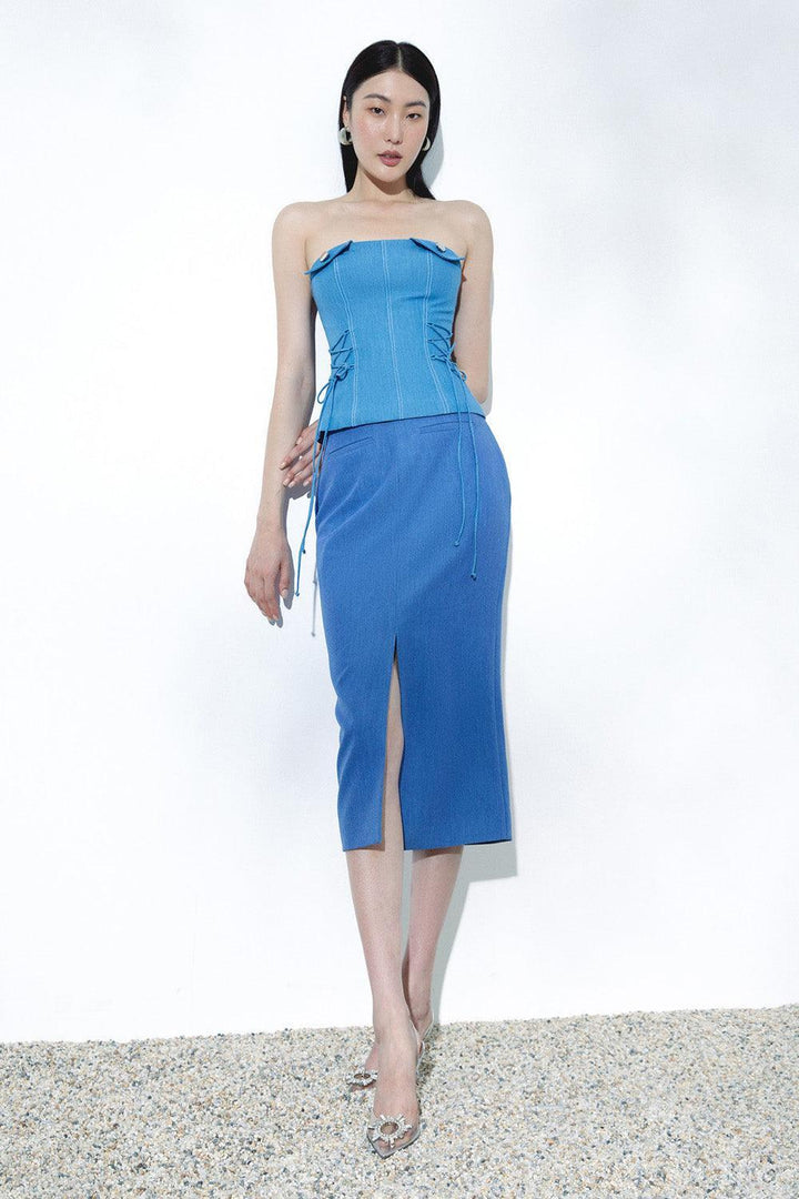 Kendall Straight Front Slit Denim Midi Skirt - MEAN BLVD