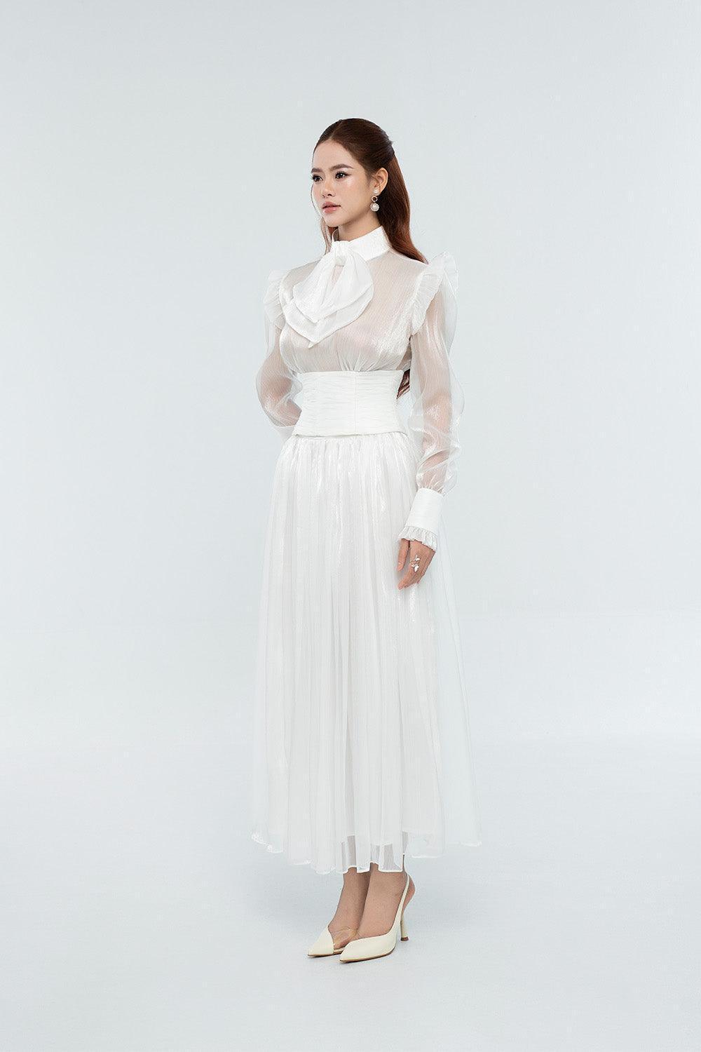 Women's Kenna Gathered Flared Voile Ankle Length Skirt S/M/L/Customize White/Pink MEAN BLVD White / S