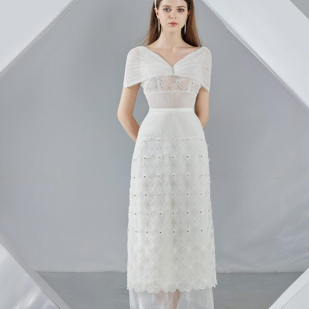 Kenna Straight Cape Sleeved Organza Midi Dress - MEAN BLVD