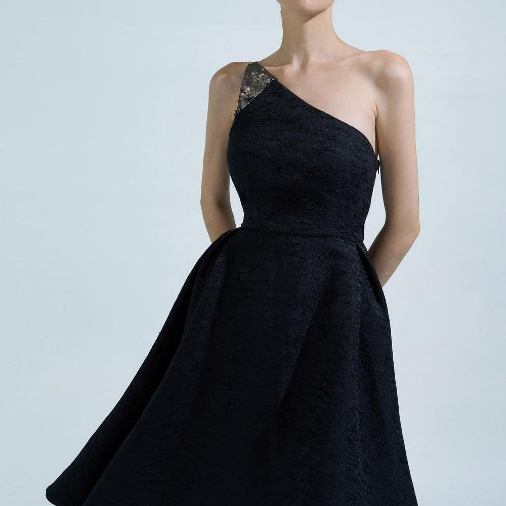 Women's Kenzie Fit and Flare One Shoulder Brocade Knee-Length Dress 0/1/2 Black Mean Blvd Black / Customize