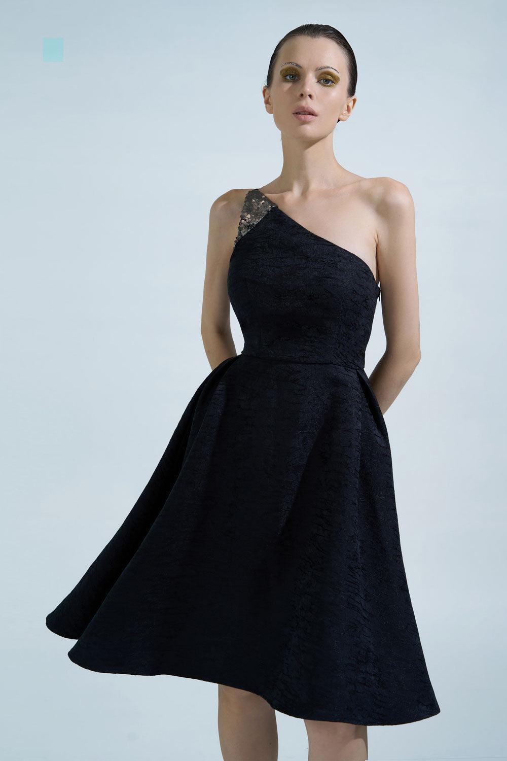 Women's Kenzie Fit and Flare One Shoulder Brocade Knee-Length Dress 0/1/2 Black Mean Blvd Black / Customize Women's Kenzie Fit and Flare One Shoulder Brocade Knee-Length Dress 0/1/2 Black Mean Blvd Black / Customize