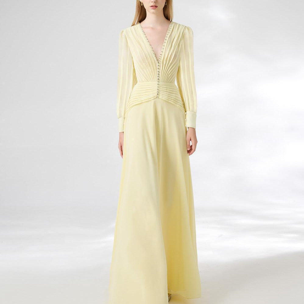 Khalil A-line Cuff Sleeved Chiffon Floor Length Dress - MEAN BLVD