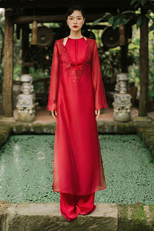 Kim Straight V-Neck Floss Silk Calf Length Ao Dai - MEAN BLVD