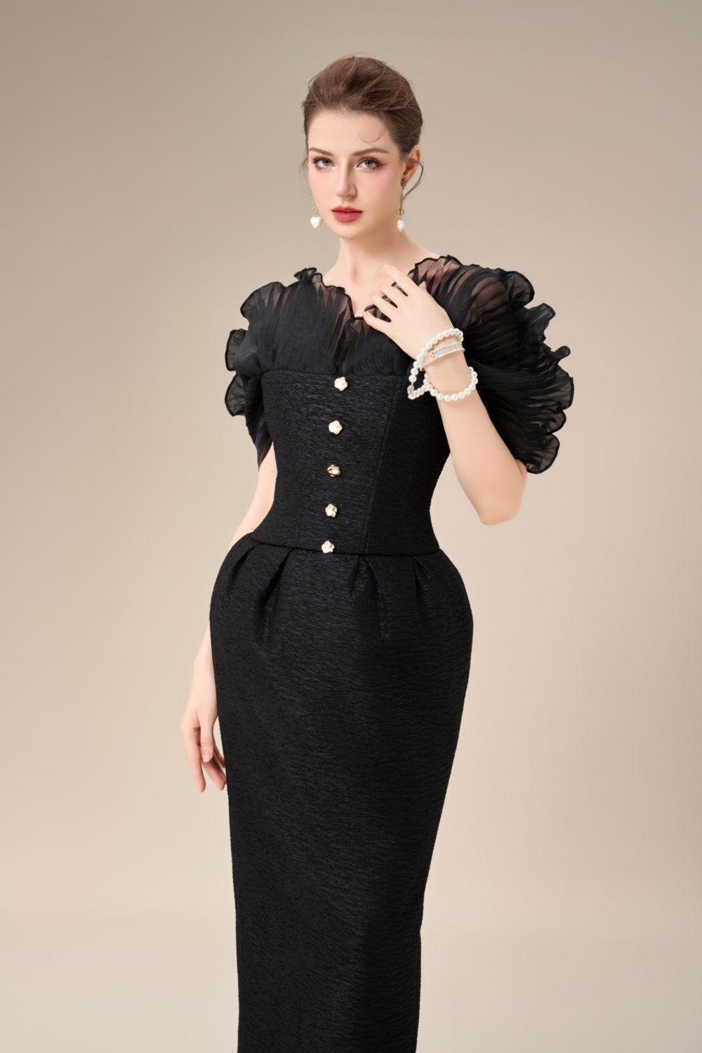 Women's Kimber Pegged Ruffle Sleeved Tulle Ankle Length Dress S/M/L Black MEAN BLVD Black / S