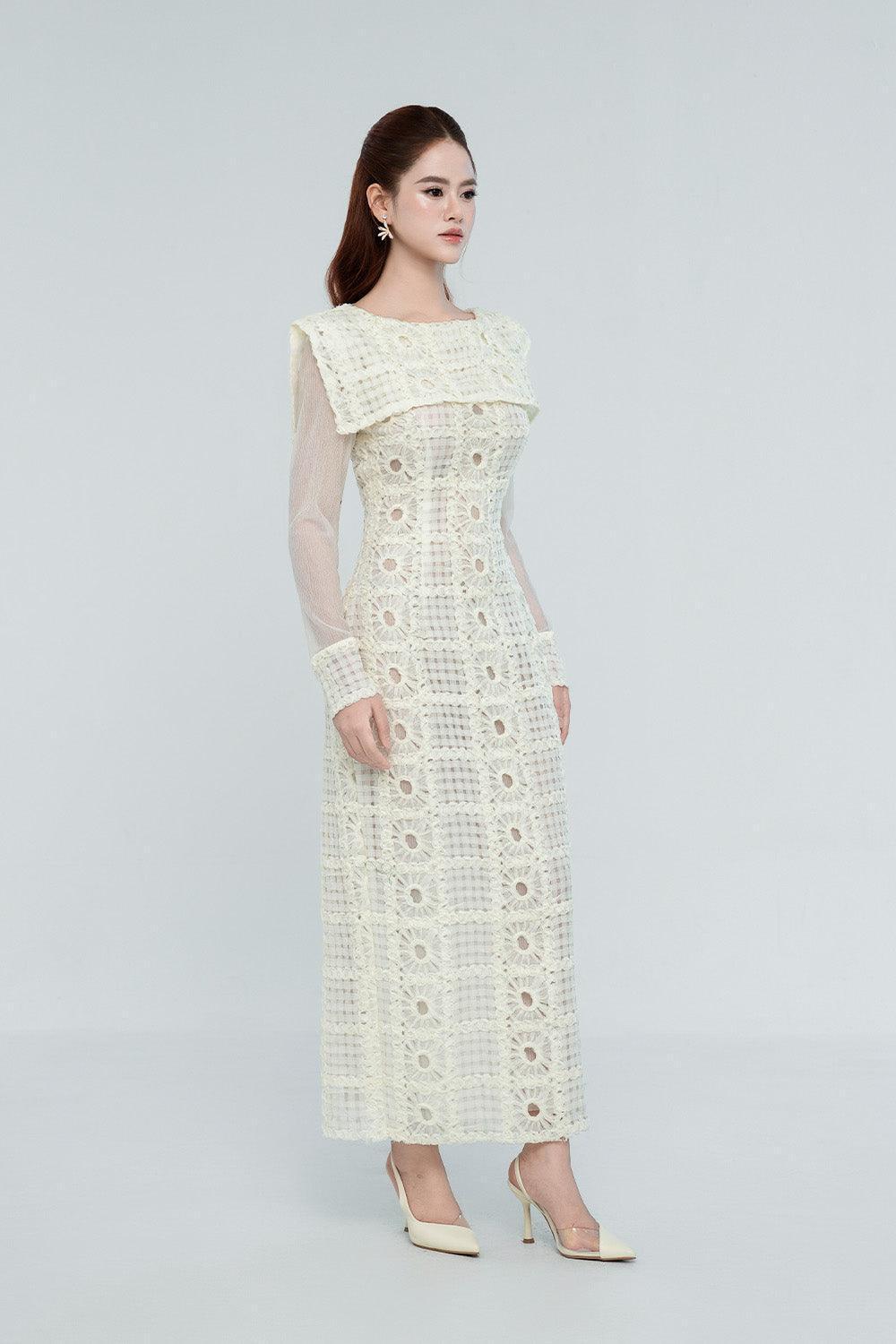 Women's Kinley Sheath Cape Shoulder Chanel Midi Dress S/M/L/Customize Ivory White MEAN BLVD Ivory White / S Women's Kinley Sheath Cape Shoulder Chanel Midi Dress S/M/L/Customize Ivory White MEAN BLVD Ivory White / S