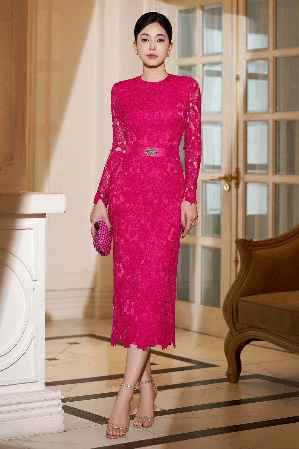 Women's Kirana Pencil Long Sleeved Lace Midi Dress S/M/L/XL Pink Fuchsia  MEAN BLVD