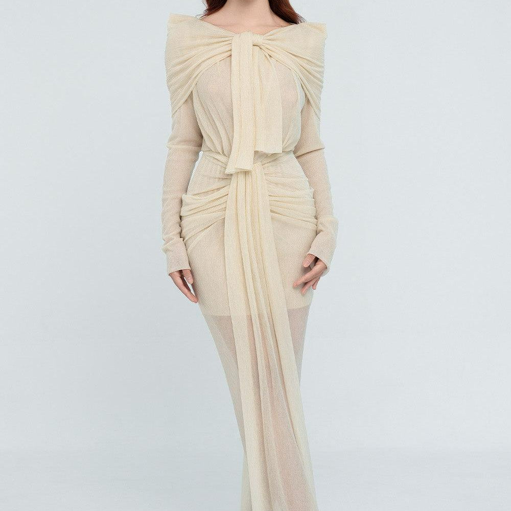 Kora Sarong Boat Neck Mesh Sheer Maxi Dress - MEAN BLVD