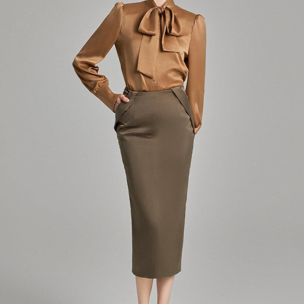 Kori Pegged Side Pleated Silk Midi Skirt - MEAN BLVD