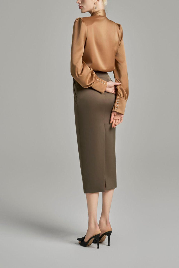 Kori Pegged Side Pleated Silk Midi Skirt - MEAN BLVD