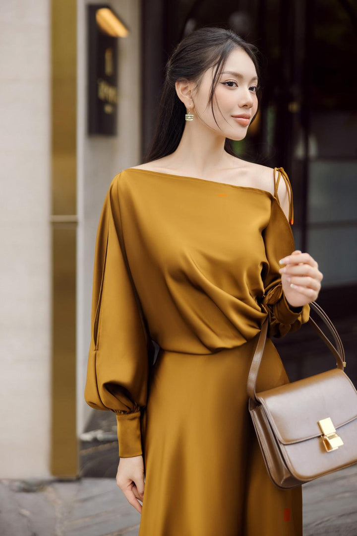 Kristina Blouson Split Sleeved Silk Satin Ankle Length Dress - MEAN BLVD