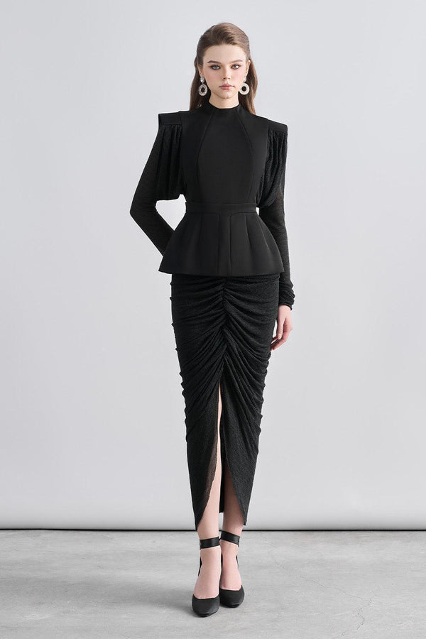 Kyle Peplum Gathered Chanel Midi Dress - MEAN BLVD