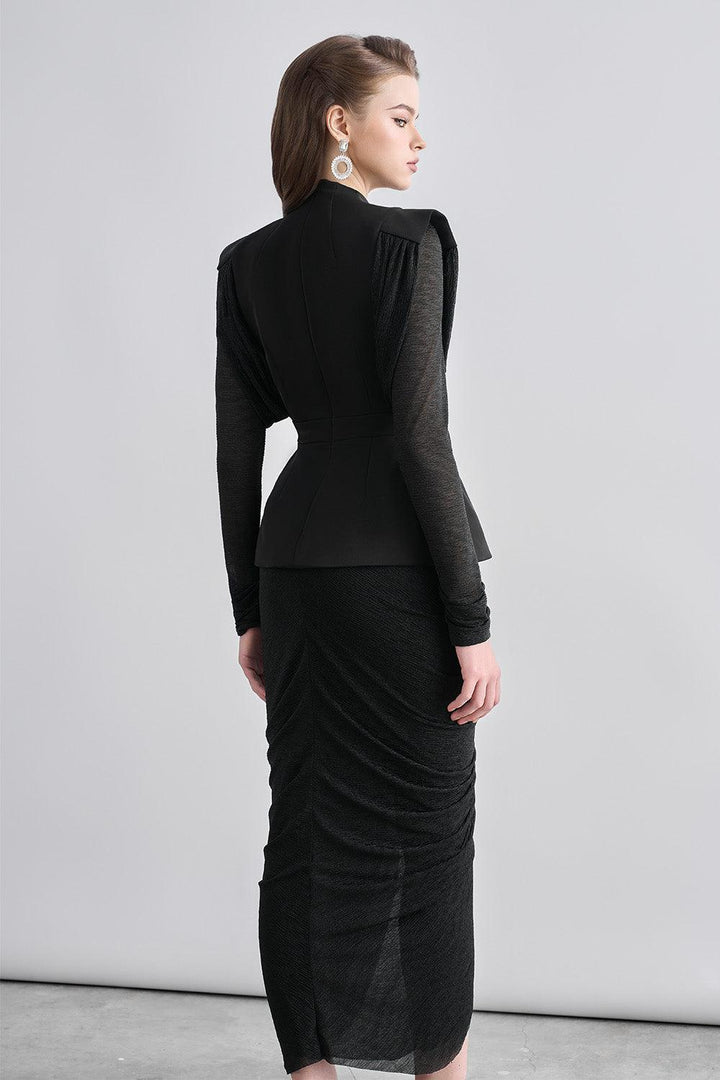 Kyle Peplum Gathered Chanel Midi Dress - MEAN BLVD